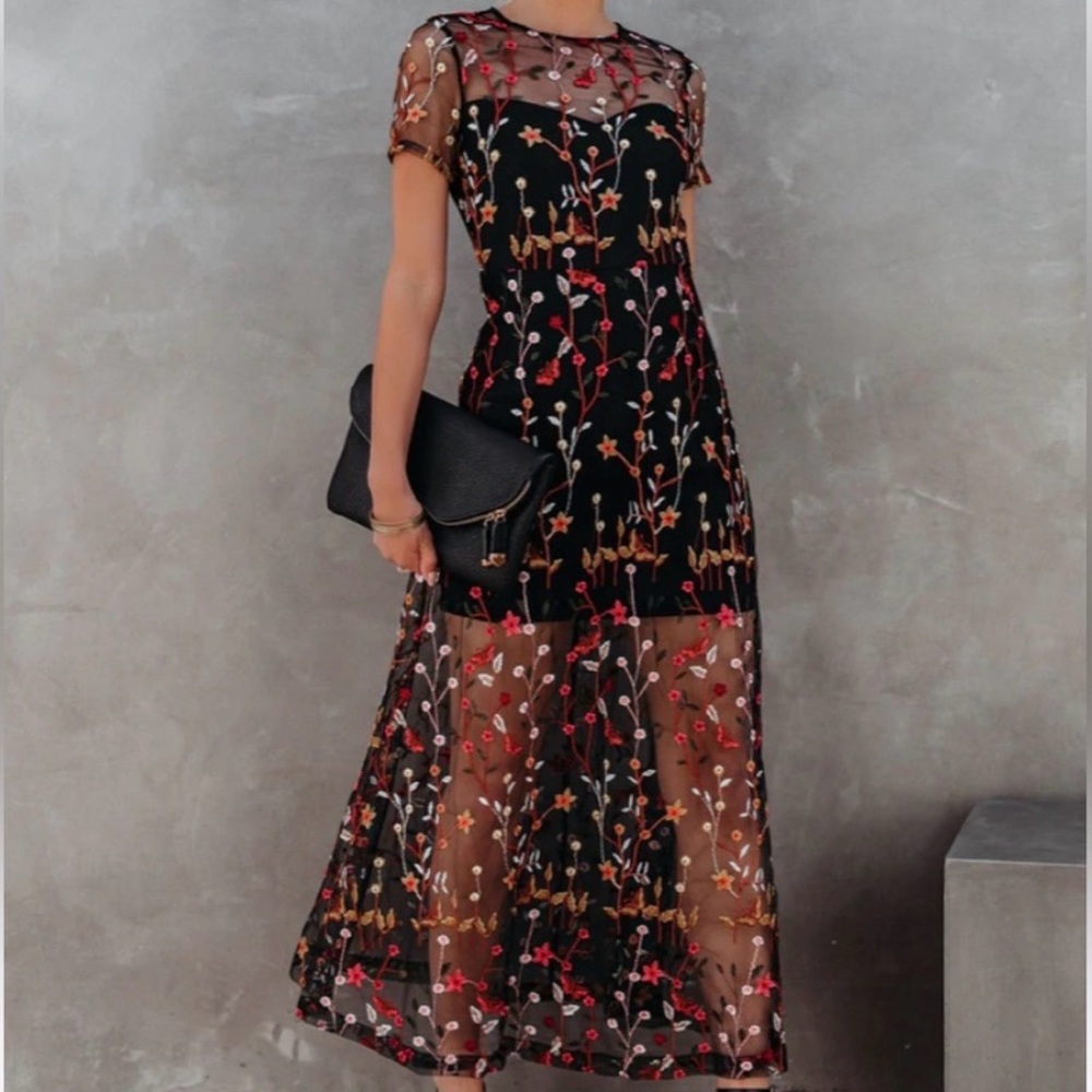 Vici Black Sheer Floral Embroidered Maxi Dress